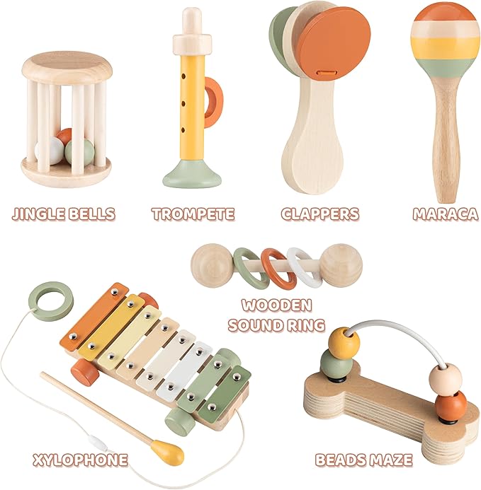 VINJOE Baby Musical Instruments-Toddler Montessori Wooden Musical Toys for Kids, Neutral Colors Percussion Instruments Set Early Learning Musical Toys for Preschool Educational Birthday Gifts