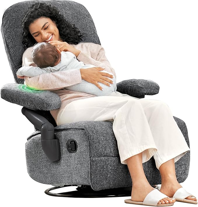 Nursery Swivel Glider Recliner Chair with Adjustable Armrests & Headrest, Rocking Chair Nursery with Removable Cover for Breastfeeding, FSC & Oeko-TEX Certified, Black