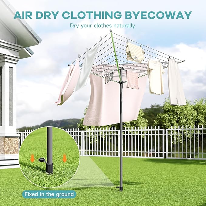 APEXCHASER Clothes Drying Rack, Outdoor Umbrella Drying Rack, Rotary Metal Drying Rack Clothing Foldable, 3-Arms Umbrella Clothesline with 98ft, Steel Frame, Backyard