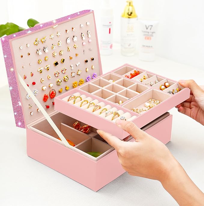 Jewelry Box for Earrings for Girls Jewelry Organizer Box Earring Holder Organizer for Girls Earring Box Jewelry Box Stud Earring Organizer for Girls Earring Jewelry Boxes for Women Pink Bling