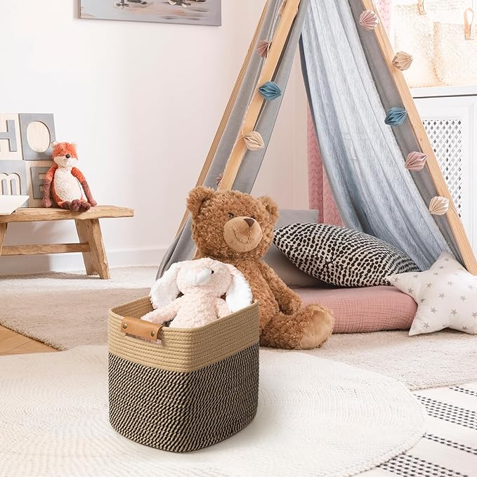 danpinera 3-Pack Cotton Rope Baskets for Storage, 11"x11" Cube Storage Cubes Store Toys, Towel, Snack, Storage Bins with Reinforced Stitching & Practical Handles, Black & Brown