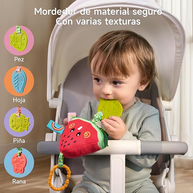 TUMAMA Hanging Toys for Baby Gym, 4 Pack Fruit Crib Stroller Baby Gym Mobile Plush Toys with Teether, Hanging Rattle Toys, Car Seat Toys for Babies 0-6 Months Boy