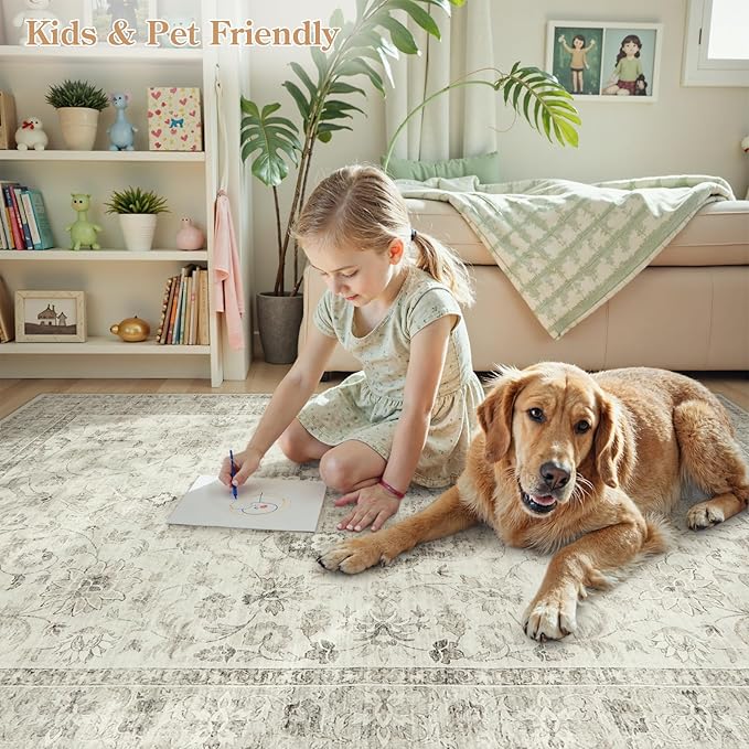 LIVEBOX Washable Area Rug 9x12 Rugs for Living Room Bedroom, Non-Slip Boho Indoor Carpet for Dining Room Office, Low-Pile Farmhouse Soft Carpets for Kids Nursery Room Playroom, Taupe