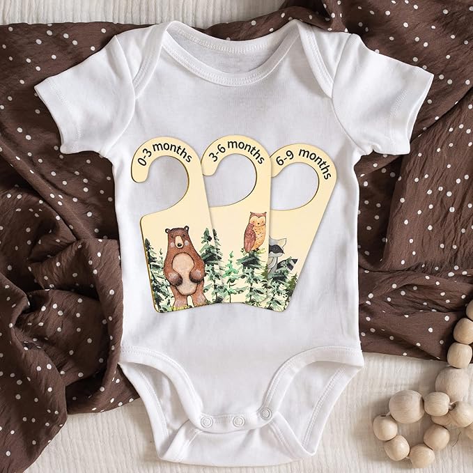Whaline 8Pcs Woodland Design Hanging Wooden Baby Closet Size Dividers and Organizer - Newborn to 24 Months - Thicken Wardrobe Organizer for Home Nursery Clothes Decor