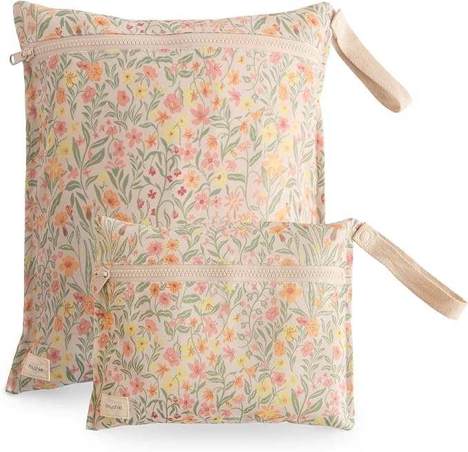 mushie Water Resistant Wet Bags | Large & Small Reusable Storage Bag for Baby Items and Travel | Zippered Pockets with Handle | Machine Washable, Set of 2 (Pastel Blooms)