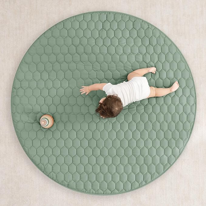 Comfy Cubs Round Kids Play Mat - Large 60 inches Soft Quilted Baby Floor Mat with Non-Slip Bottom - Plush Design for Toddlers' Playtime and Relaxation - Comfortable and Durable - Fern