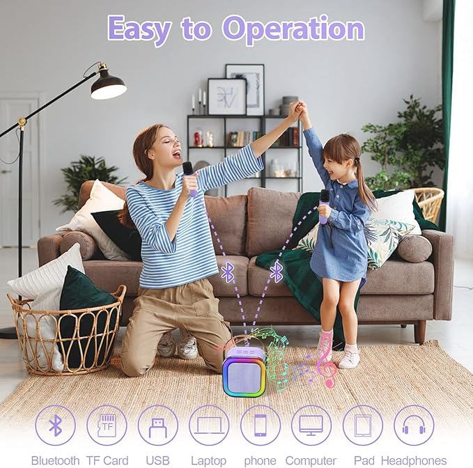 Mini Karaoke Machine for Kids, Birthday Easter Gifts Toys for Girls Boys Ages 3-12+, Portable Bluetooth Speaker with Upgraded 2 Wireless Microphones, Toddler Toys for Singing Home Party Family, Purple