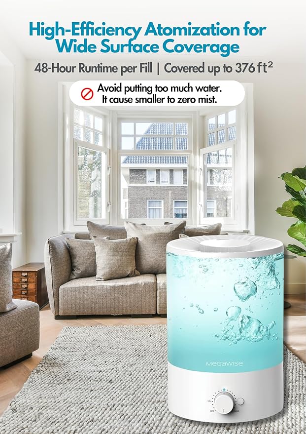 MegaWise Topfill 7-colour Night light humidifier for Kid bedroom with 3.5L Large Capacity, No leakage Design Fine Mist Output Auto Shutoff, Essential Oil Safe Tank