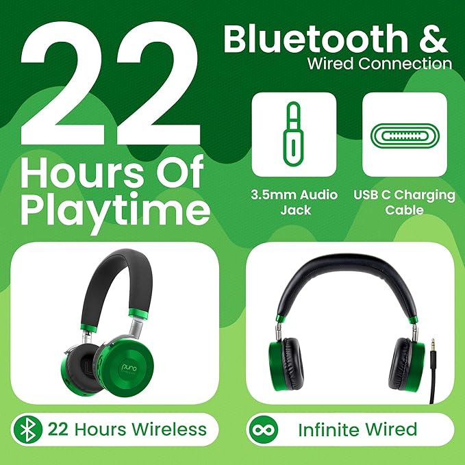 Puro Sound Labs JuniorJam Plus Volume-Limiting Wireless Bluetooth Headphones for Kids, Secure Audio with Adjustable On-Ear Design, 22-Hour Battery, Ideal for Tablets, Smartphones & PCs - Green