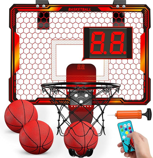 Mini Basketball Hoop with LED Lighting, Electronic Scoreboard, 3 Modes, Over Door Mount, Gift for Kids & Adults (Red)