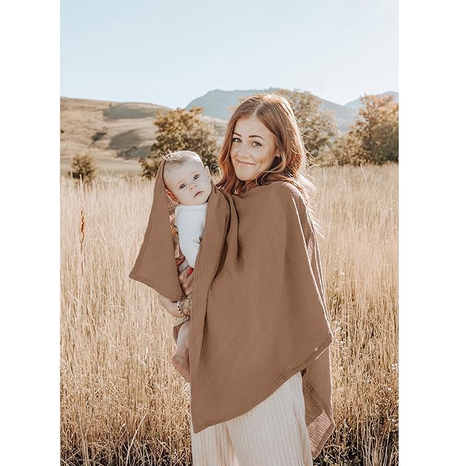 Konssy Muslin Nursing Cover for Breastfeeding, 360° Full Privacy Breathable 100% Cotton Breastfeeding Cover, Multi-use Carseat Canopy(Brown)