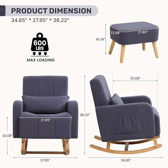 Rocking Chair with Ottoman, Upholstered Glider Rocker with High Backrest and Side Pocket, Comfy Reading Chair with Solid Wood Legs for Nursery, Living Room,Bedroom Dark Grey