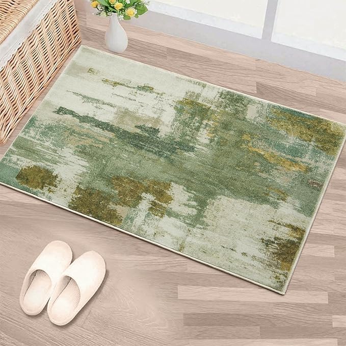Entryway Rug 2x3 Green Rug, Washable Abstract Small Rugs Non-Slip Low Pile Throw Rugs for Kitchen Floor, Front Door, Bedroom Bedside