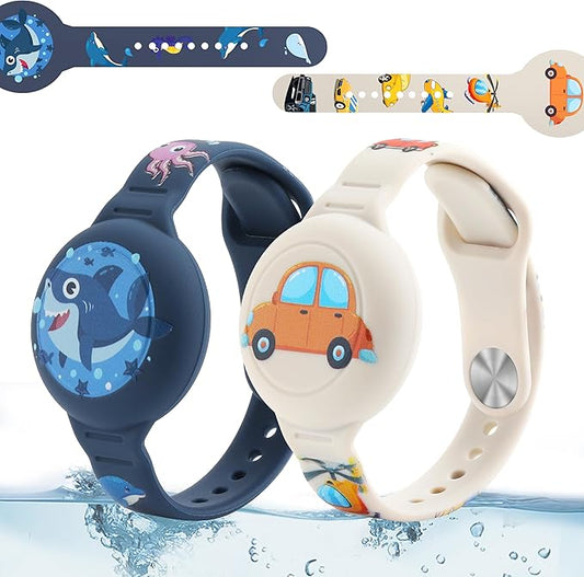 R-fun Waterproof Air Tag Bracelets [2 Pack] Compatible with Apple Air Tag Finders with Cartoon Pattern,Anti Lost GPS Item Finders Case Cover,Gray Car/Blue Shark
