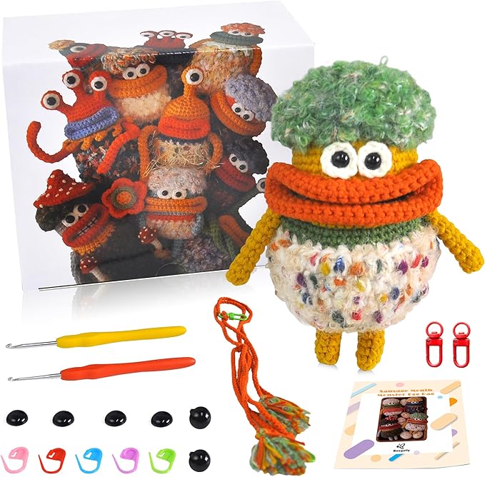 Beegofly Crochet Kits, Crochet Monsters Kit for Experienced Adults and Kids,with Step-by-Step Video Tutorials,Airpods Storage Bag,Handmade Gift,Original Sausage Mouth Monster Egg Bags (Orange)