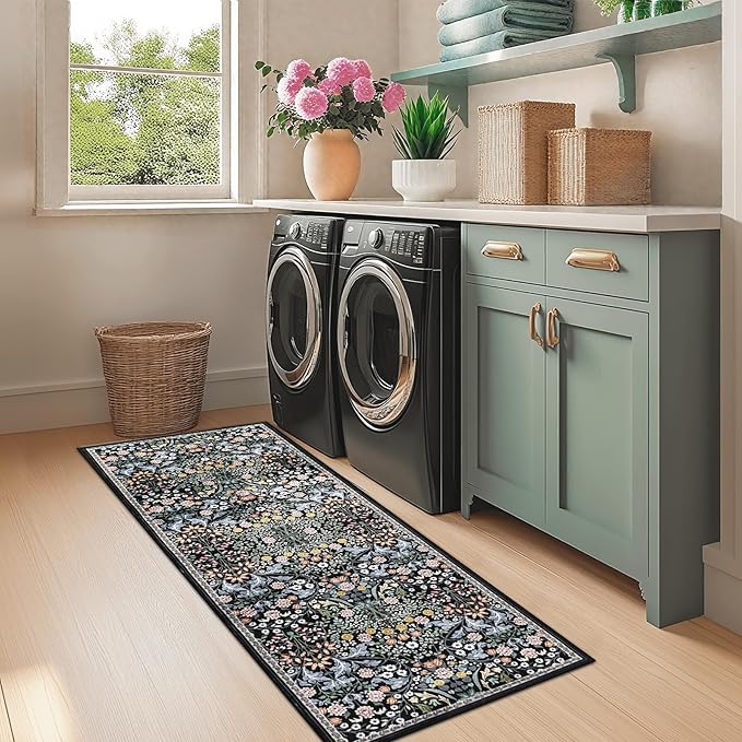 Runner Rug for Entryway: 2x10 Kitchen Rugs Non Slip Washable Ultra Soft Floral Carpet Indoor Stain Resistant Carpets for Hallway Bedroom Kitchen Laundry Bathroom Dorm Dark Black
