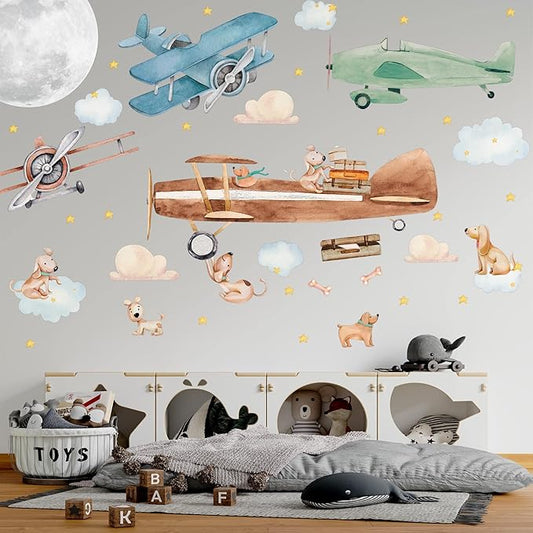 Airplane Wall Decals by Lipastick - 47-Piece Watercolor Vintage Plane Stickers for Kids, Boys Room, Baby Nursery, Toddler Bedroom Decor - Premium Vinyl Aircraft Art - XXL Size
