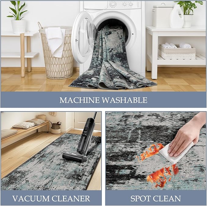 Washable Area Rugs 6ft Non-Slip Modern Abstract Soft for Living Room Entryway Bedroom Nursery, Print Pattern, Blue Black Teal