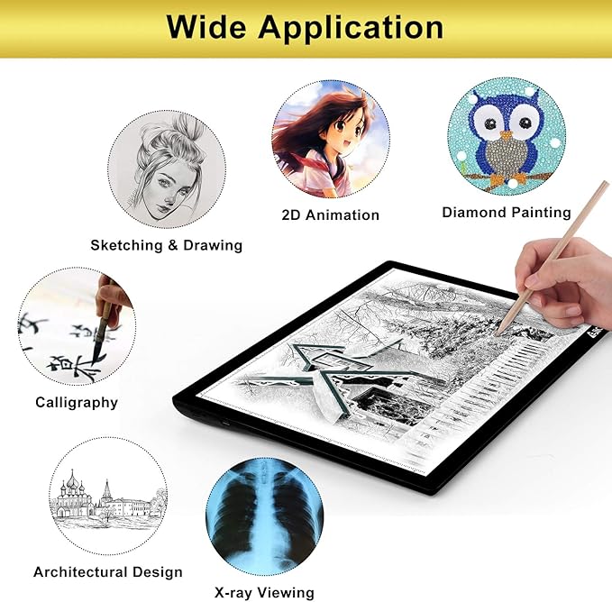 LED Light Pad, ELICE A4 Wireless Battery Powered Light Pad Artcraft Tracing Pad Light Box Dimmable Brightness Rechargeable Light Board for Artists Drawing Sketching Animation Stencilling X-ray Viewing