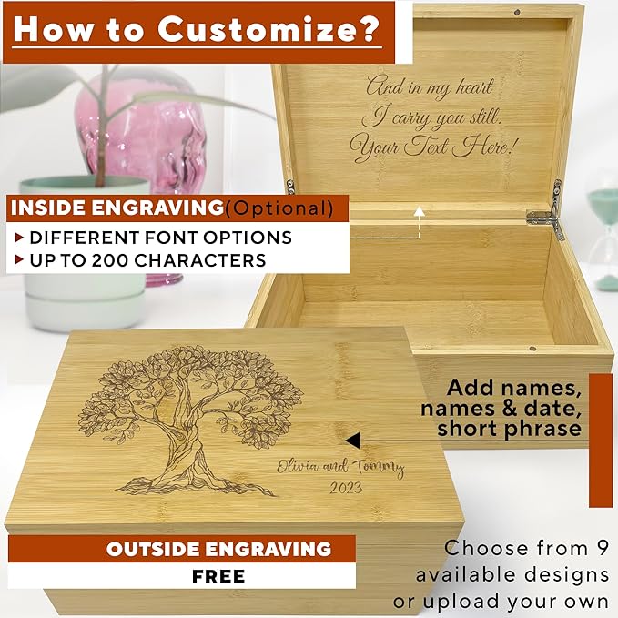 Personalized Tree of Life Box - Keepsake Box Engravable, Wooden Wedding Gift Anniversary for Couple, Bamboo Wood Decorative Chest, Handmade Memory Boxes with Custom Hidden Message, 11x8x4.75 in