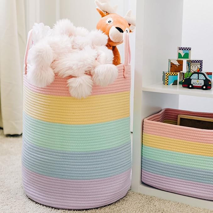 OrganiHaus Cotton Rope Basket for Rainbow Classroom Decor 15x18 | Toy Basket for Pastel Room Decor | Playroom Organization and Storage | Toy Bins & Book Basket | Tall Blanket Basket for Living Room