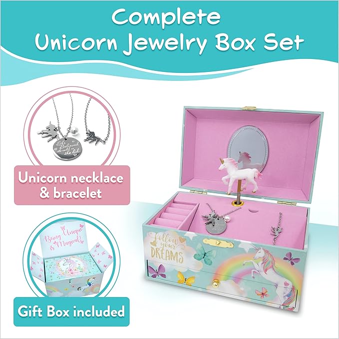 The Memory Building Company Unicorn Musical Jewelry Box, Classic Melody Storage Organizer Kids Ages 6-12, Wood Construction w/ 2 Compartments