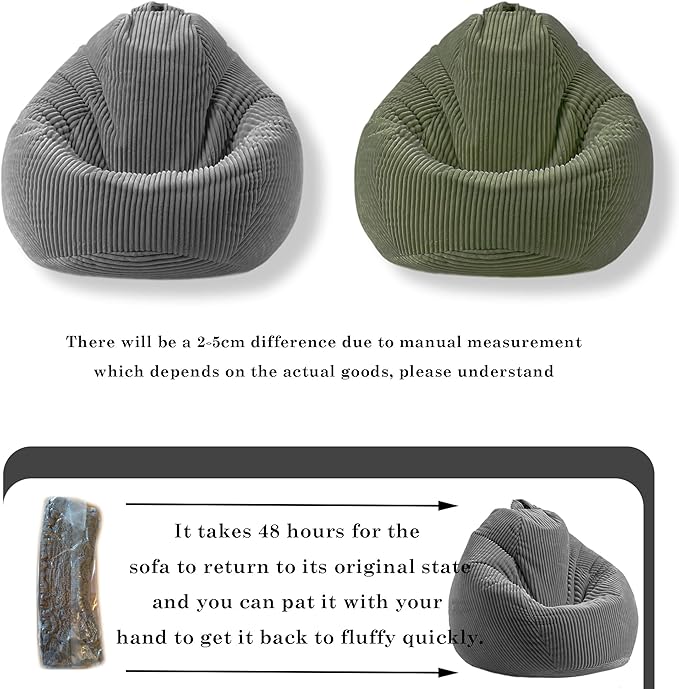 LPMOERA Bean Bag Chairs for Kids/Teen with Memory Foam Filling Bean Bag Sofa with Soft Corduroy Fabric BeanBag Chair for Living Room Bedroom College Dorm Reading Chair Green