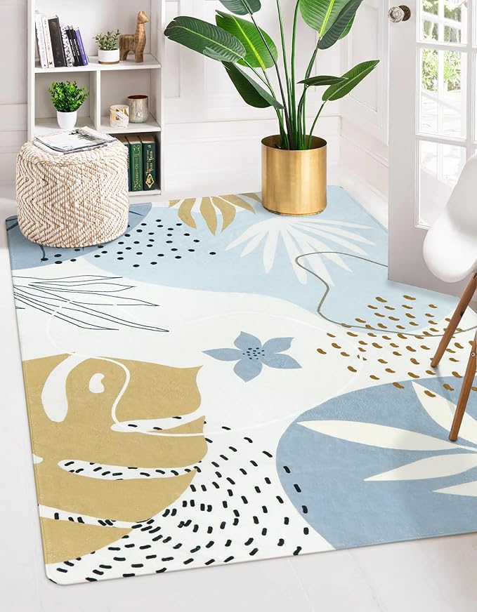 Lahome Boho Blue Area Rug for Living Room - 5x7 Rug Machine Washable Non-Slip Soft Bedroom Rugs Ultra-Thin Large Rug for Dining Room, Botanical Print Indoor Modern Rug for Classroom Nursery Office