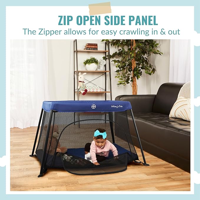 Dream On Me Travel Light Playard with Mesh Zipper Door in Navy