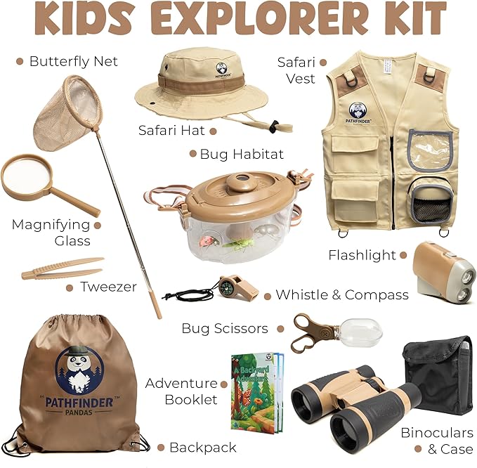 Kids Bug Catching Kit - Complete Explorer Kit with Safari Vest, Hat & More - Cute Dress-Up Safari Costume, or Zoo Keeper - Outdoor Explorer Set & Bug Toys for 7+ Year Old Boys Girls + Adventure Book