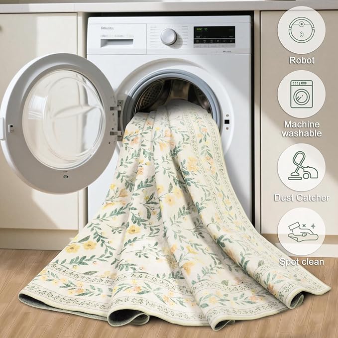 Area Rugs 9x12 Living Room: Floral Washable Rug Vintage Large Soft Boho Non-Slip Carpet Indoor Floor Stain Resistant Low Pile Carpets for Bedroom Dining Room Farmhouse Nursery Home Office Beige/Multi