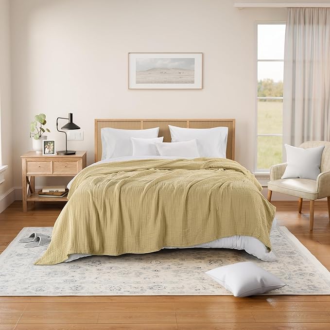 Threadmill King Size Blanket | 4 Layer 100% Cotton Gauze | Lightweight, Breathable, and Cozy Summer |Muslin Blanket for Couch, Bed| Beige