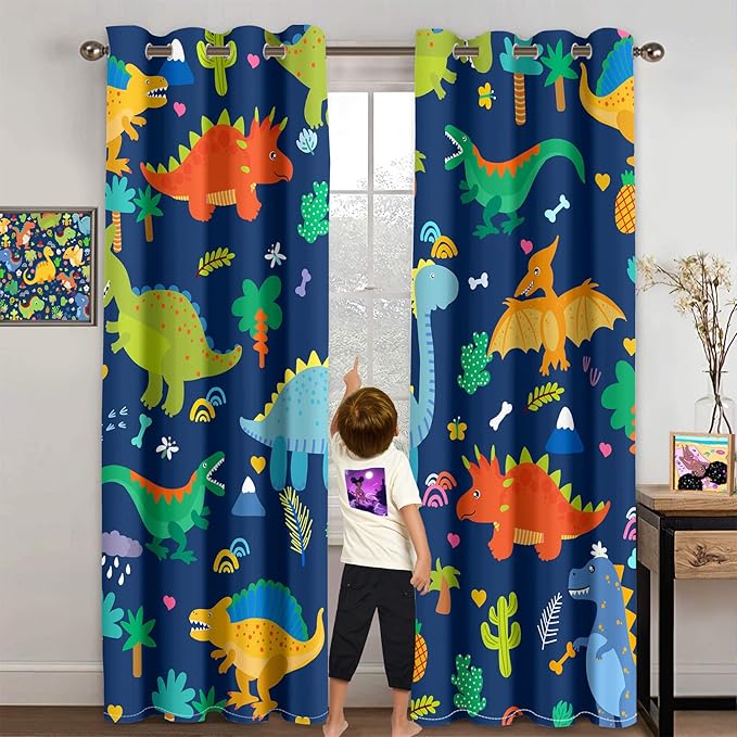 Cartoon Dinosaur Blackout Curtain Panels Curtains Blue Curtains for Boys Bedroom Grommet Top Window Treatment 2 Panels Drapes Kids Room Decor Navy Blue Curtains 84 Inch Length, 82" x 84"