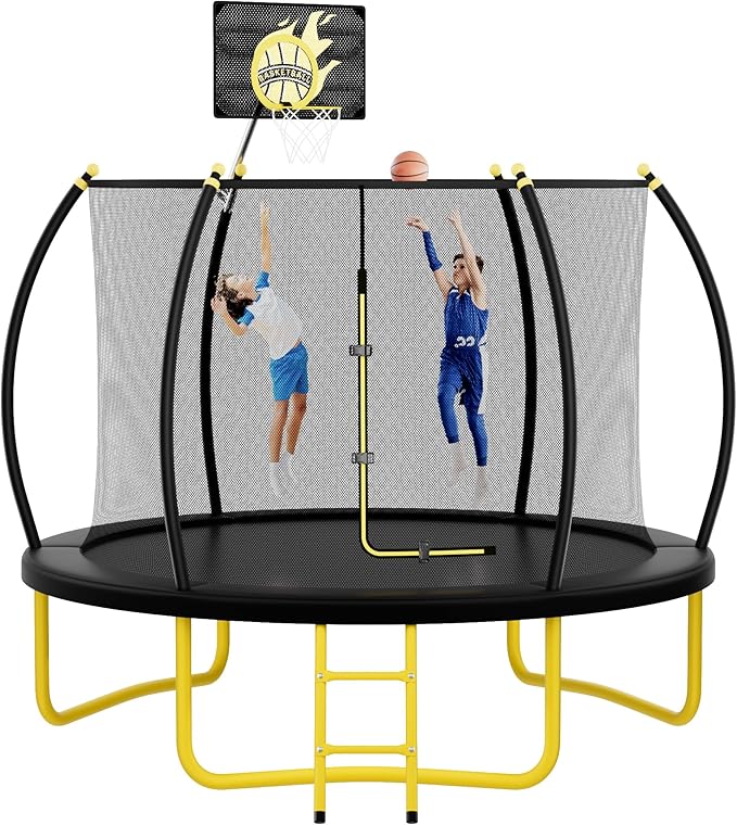 10FT 12FT 14FT 16FT Pumpkin Trampoline for Kids Adults, ASTM Approved Outdoor Recreational Trampoline with Basketball Hoop, Enclosure Net, Yellow