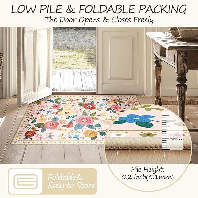 Floral 2x6 Area Rug Machine Washable Soft Print Boho Carpet Non Slip Doormat Low Pile Flower Area Rugs for Living Room Bedroom Nursery Kitchen Dining Room Indoor-Pink