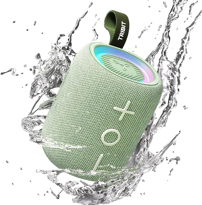 Tribit Bluetooth Speaker StormBox Mini+, 12W Shower Speaker with 360° Sound, 12H Playtime, Custom EQ, BT5.4, IPX7 Waterproof, RGB Lights, Type-C, AAC/SBC, TWS, Portable for Camping/Backyard (Green)
