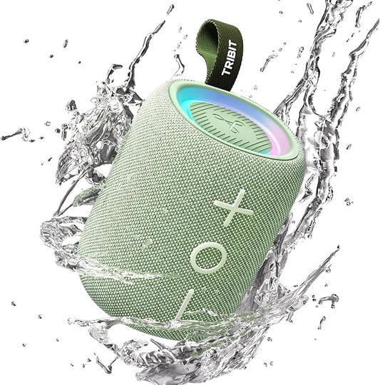 Tribit Bluetooth Speaker StormBox Mini+, 12W Shower Speaker with 360° Sound, 12H Playtime, Custom EQ, BT5.4, IPX7 Waterproof, RGB Lights, Type-C, AAC/SBC, TWS, Portable for Camping/Backyard (Green)