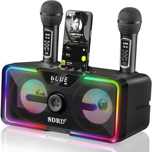 SD-215 Bluetooth Karaoke Machine for Adults & Kids- 2 Wireless Mics, 80W Powerful Sound, Rechargeable,15-Hour Playing, 6500mAh, LED Lights, Supports BT/USB/AUX for Home Parties Outdoor Gatherings