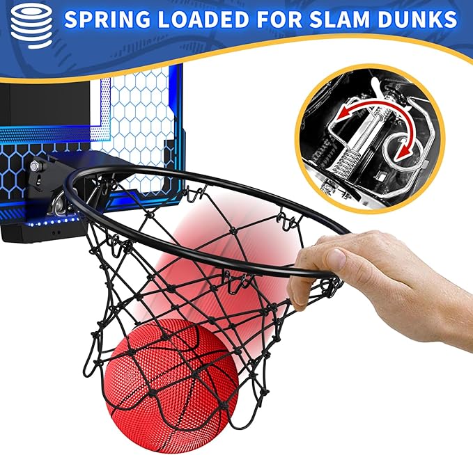 Basketball Hoop Indoor, Mini Basket Ball Hoop with 7 LED Lighting, Scoreboard, Over Door Basketball Hoop with 3 Modes, Volume Adjustable, Foldable, Basketball Toys Gifts for Kids Adults (Blue)