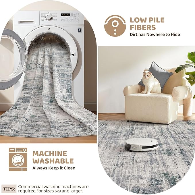 Area Rug for Living Room: 10x14 Washable Neutral Abstract Modern Soft Rugs Non Slip Indoor Floor Stain Resistant Large Carpet for Bedroom Dining Room Office Nursery - Gray