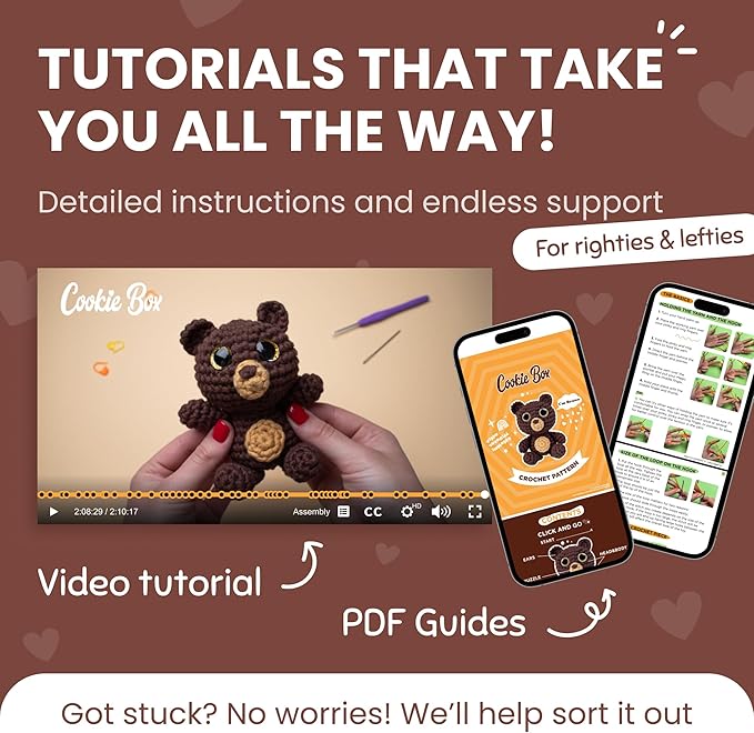 Cookie Box Crochet Kit for Beginners - Learn to Craft Amigurumi Stuffed Animals - Knitting Gift for Kids and Adults - Beginner-Friendly Yarn - Stitch-by-Stitch Video Tutorial - Bear Bruno