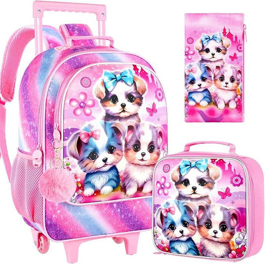 gxtvo Rolling Backpack for Girls, Cute Dog Roller Wheels Kids Bookbag - Wheeled Elementary School Bag - 3PCS Dog