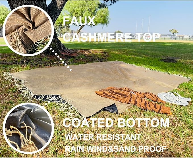 Picnic Blanket Extra Large Waterproof with Strap 59"x79" - Machine Washable Tassels Faux Wool Cashmere for Park, Grass, Camping, Hiking, Concerts (Coffee, 59"X79")