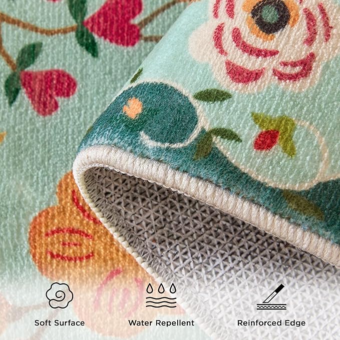 5x7 Washable Rug for Living Room, Green Floral Area Rug, Non Slip Low Pile Soft Flower Carpet, Large Rugs for Bedroom, Dining Room, Office, Kids Playroom, Nursery, Sage Green