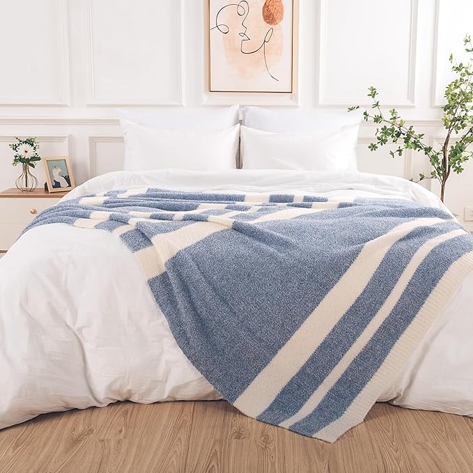 NEXHOME PRO Stripe Cozy Blanket Twin, Knit Fuzzy Throw Blanket for Couch Bed Sofa Picnic, Ultra Soft Blankets for Women Gifts Blue50 x 60 inches