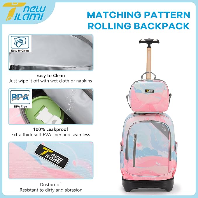 NEW TILAMI 18 inch Rolling Backpack for Girls – Waterproof, Large Capacity, Stair-Climbing Design, Adjustable Handle, Great for School, Pink Sunset