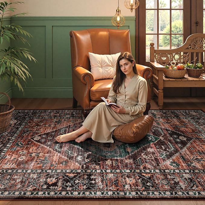Lahome Area Rugs 9x12 Living Room - Non-Slip Ultra-Thin Washable Large Carpet, Non-Shedding Oriental Vintage Distressed Carpet Rug for Dining Room Bedroom Office
