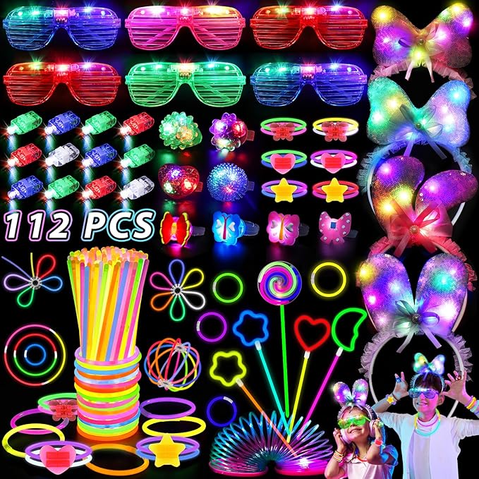 112PCS Glow in the Dark Party Supplies for Kids Adults, Light Up Party Favors with Light Up Glasses, 50 Glow Sticks Bulk Pack for DIY Bracelets Necklaces, Neon Party Supplie Decorations for Hallowee