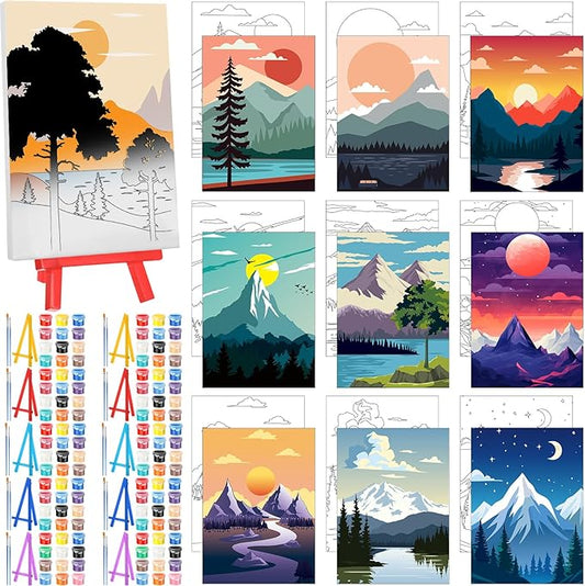 Blosssound 10 Set Pre Printed Canvas Pre Drawn Canvas Painting with Easel Kits 5" x 7" Outline Painting Panels for Beginners, DIY Craft Project, Party Favor, Home Decors(Sunset)