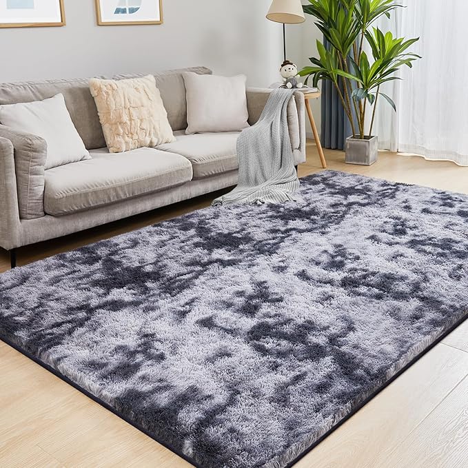 Fluffy Shag Area Rug, 3x5 Tie-Dyed Dark Grey Rugs for Bedroom, Soft Plush Area Rugs for Living Room, Non-Slip Indoor Carpet for Nursery, Study Room, Dressing Room, Home Decor